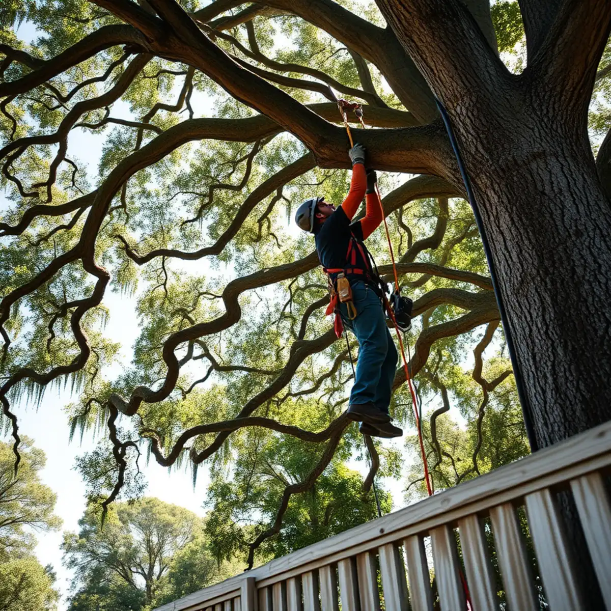 Skilled arborist climbing slash pine with rope and saddle in Lehigh Acres