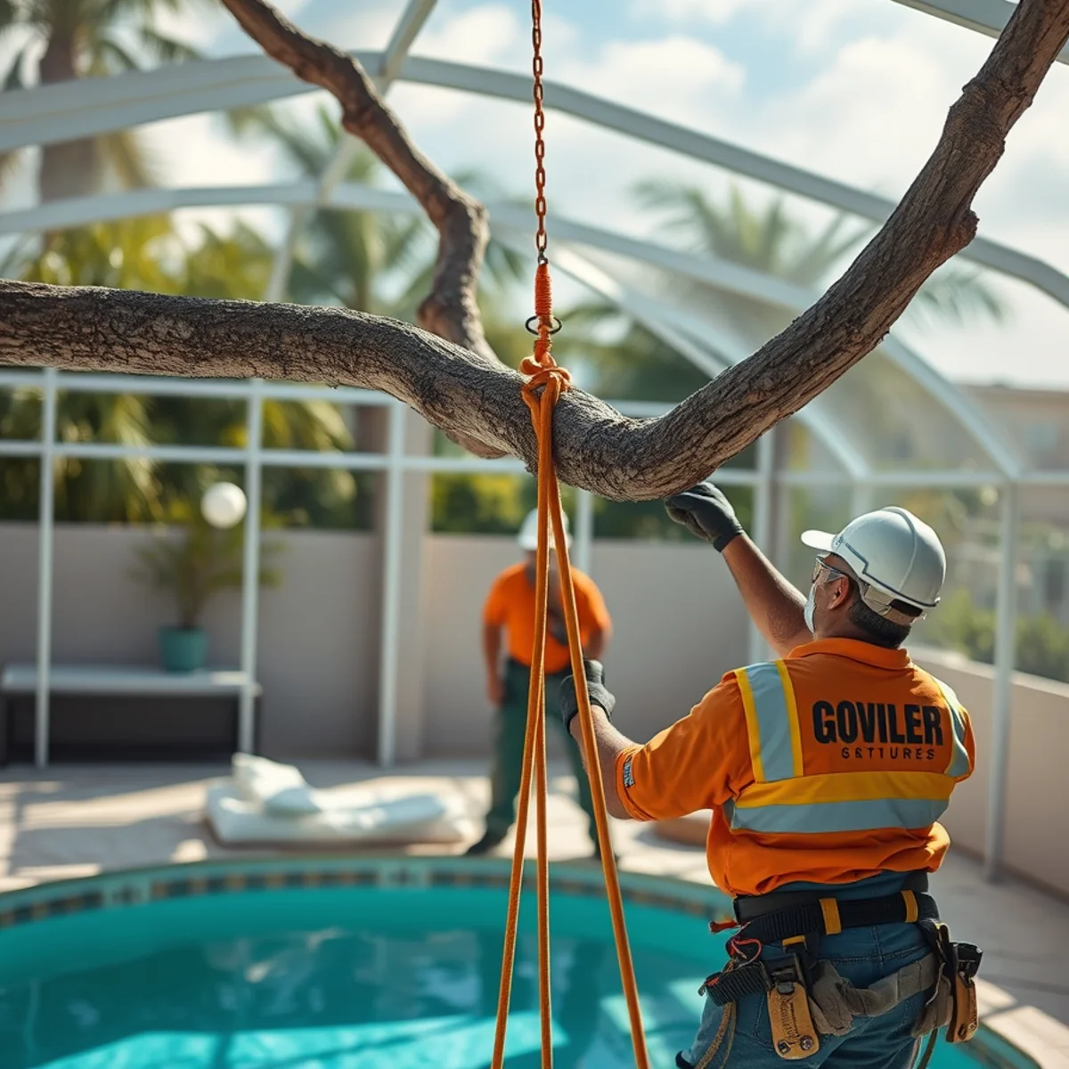 Friction rope rigging lifting tree limb vertically off aluminum pool cage in Cape Coral