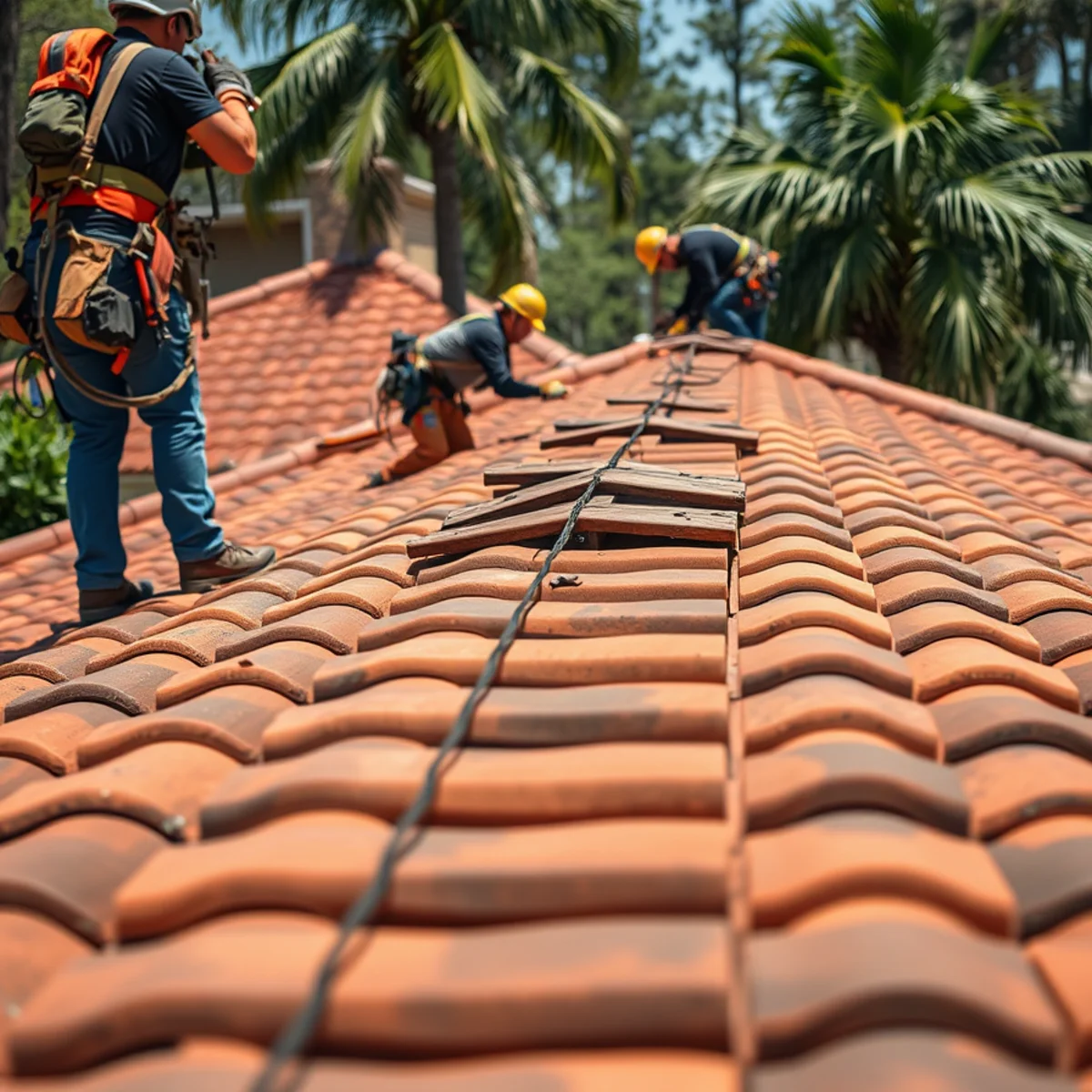 Cushioned wood bridging protecting barrel tile roof during tree removal
