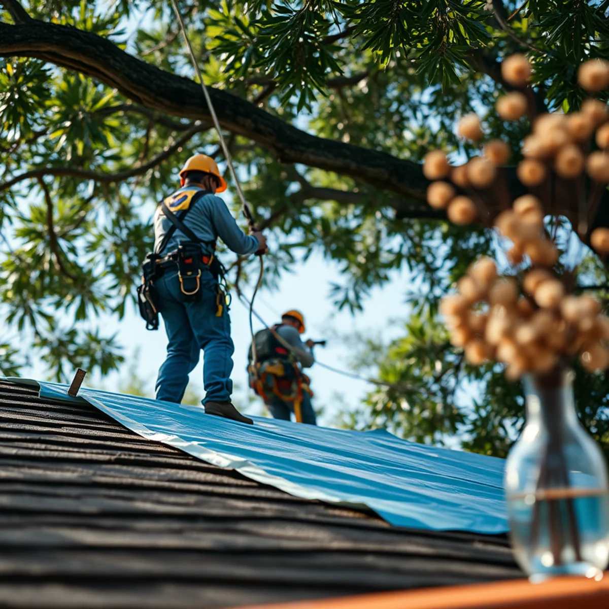 Emergency weather tarp nailed over roof puncture after storm tree extraction