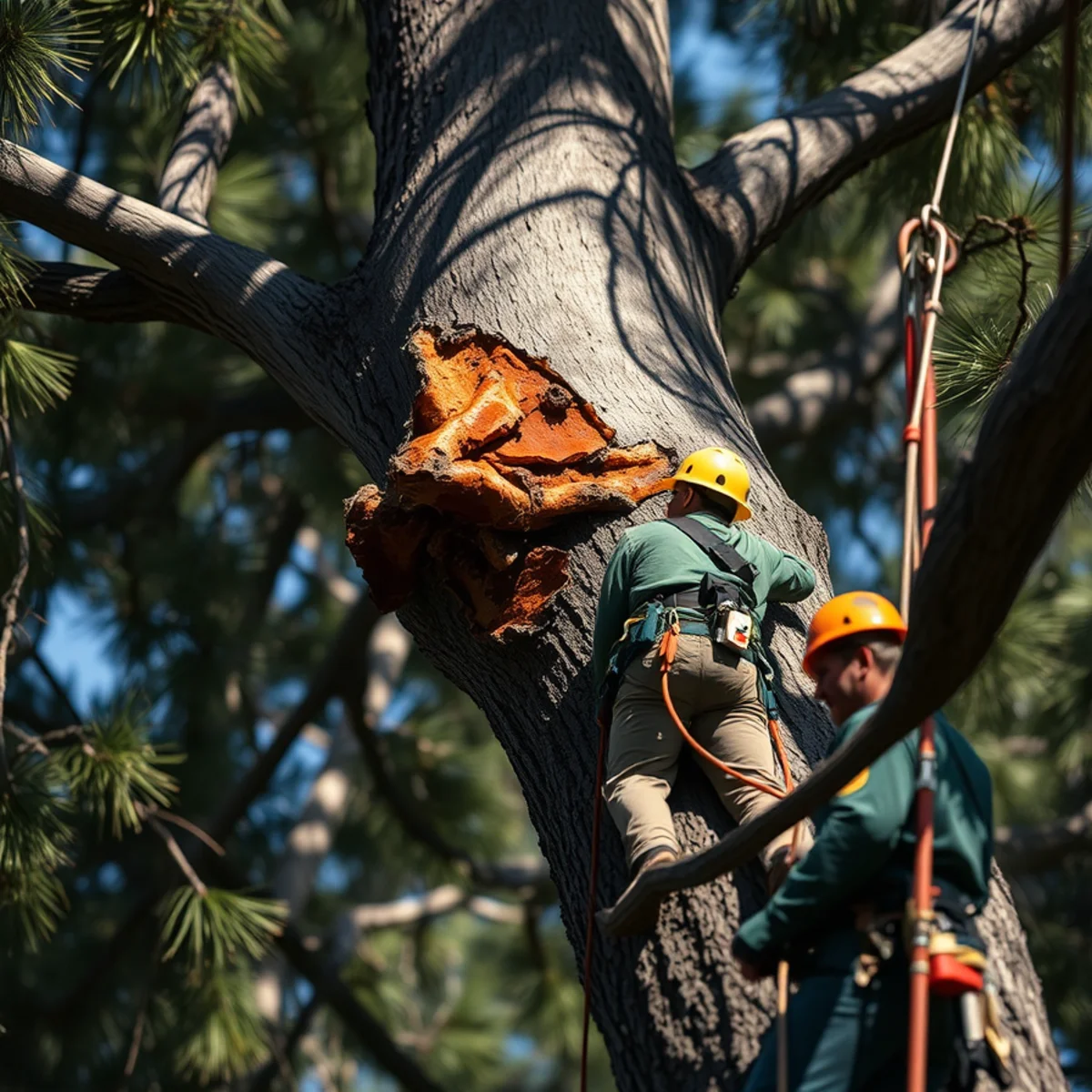 Ips bark beetle damage and distress sap on lightning-struck pine tree