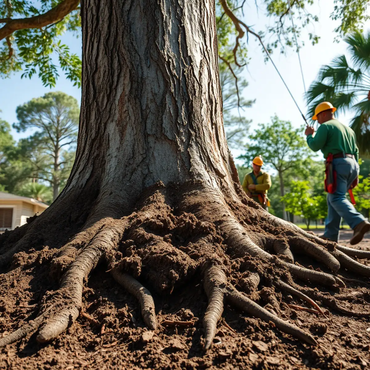 Soil mounding and root plate heave around tree trunk before hurricane season