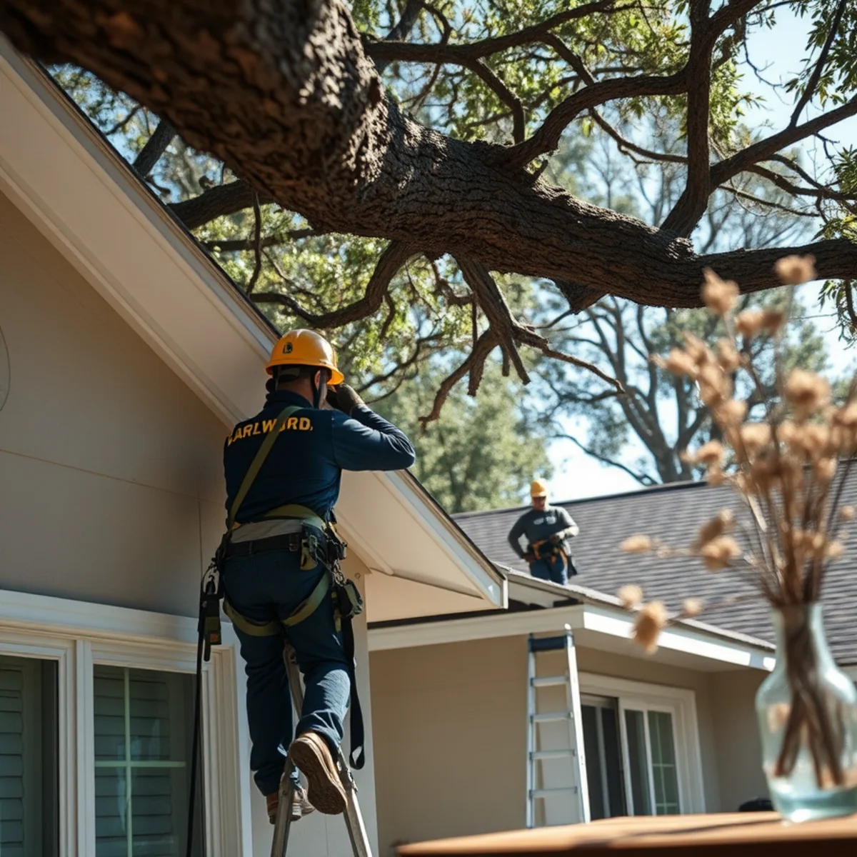 Large deadwood branch overhanging residential roof in Lehigh Acres yard