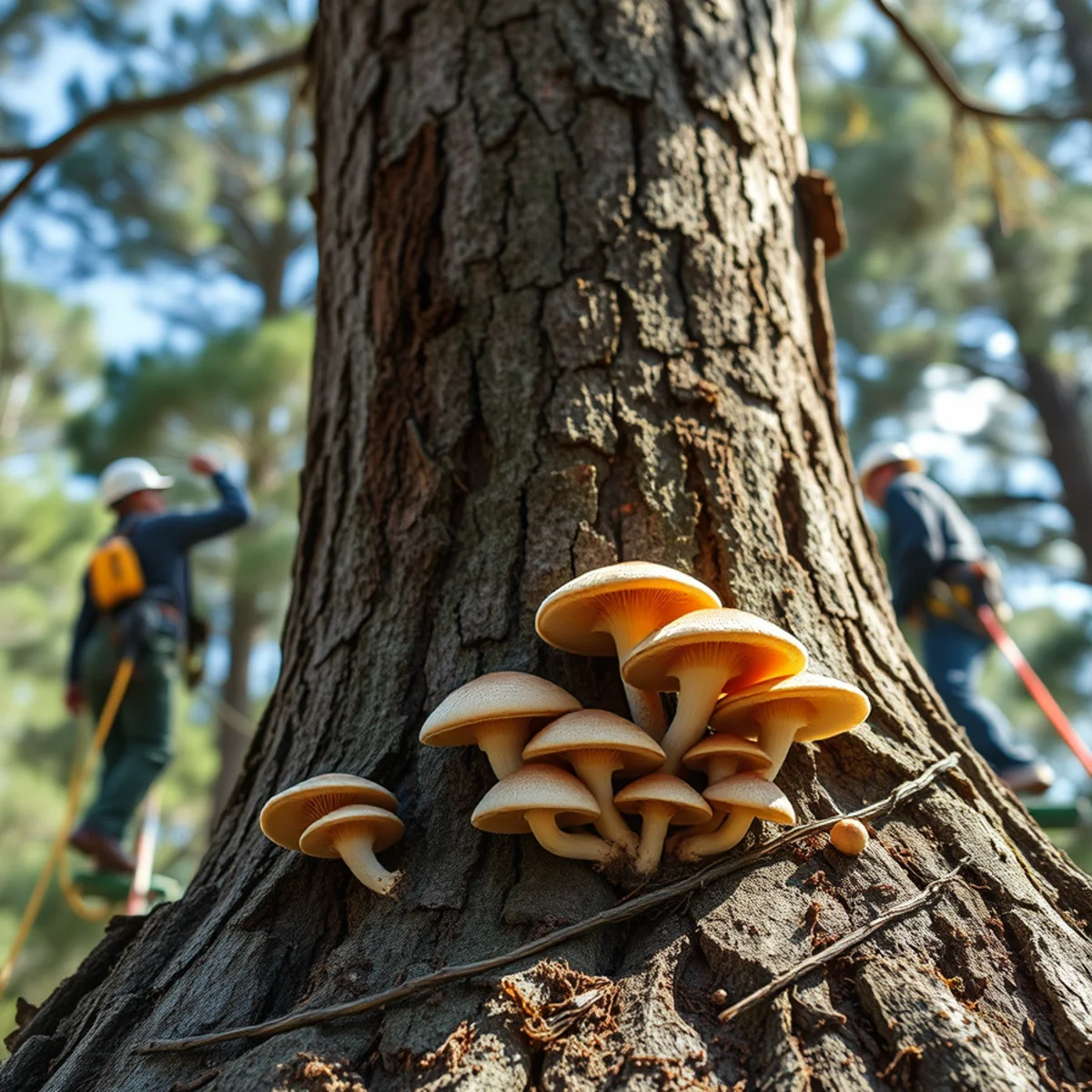 Fungal conks and bracket mushrooms at base of slash pine indicating heart rot