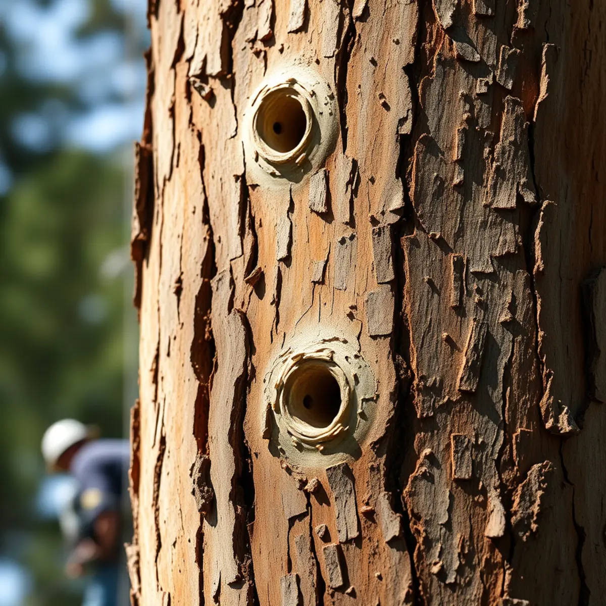 Pitch tubes and woodpecker drill holes in slash pine trunk with bark beetle infestation