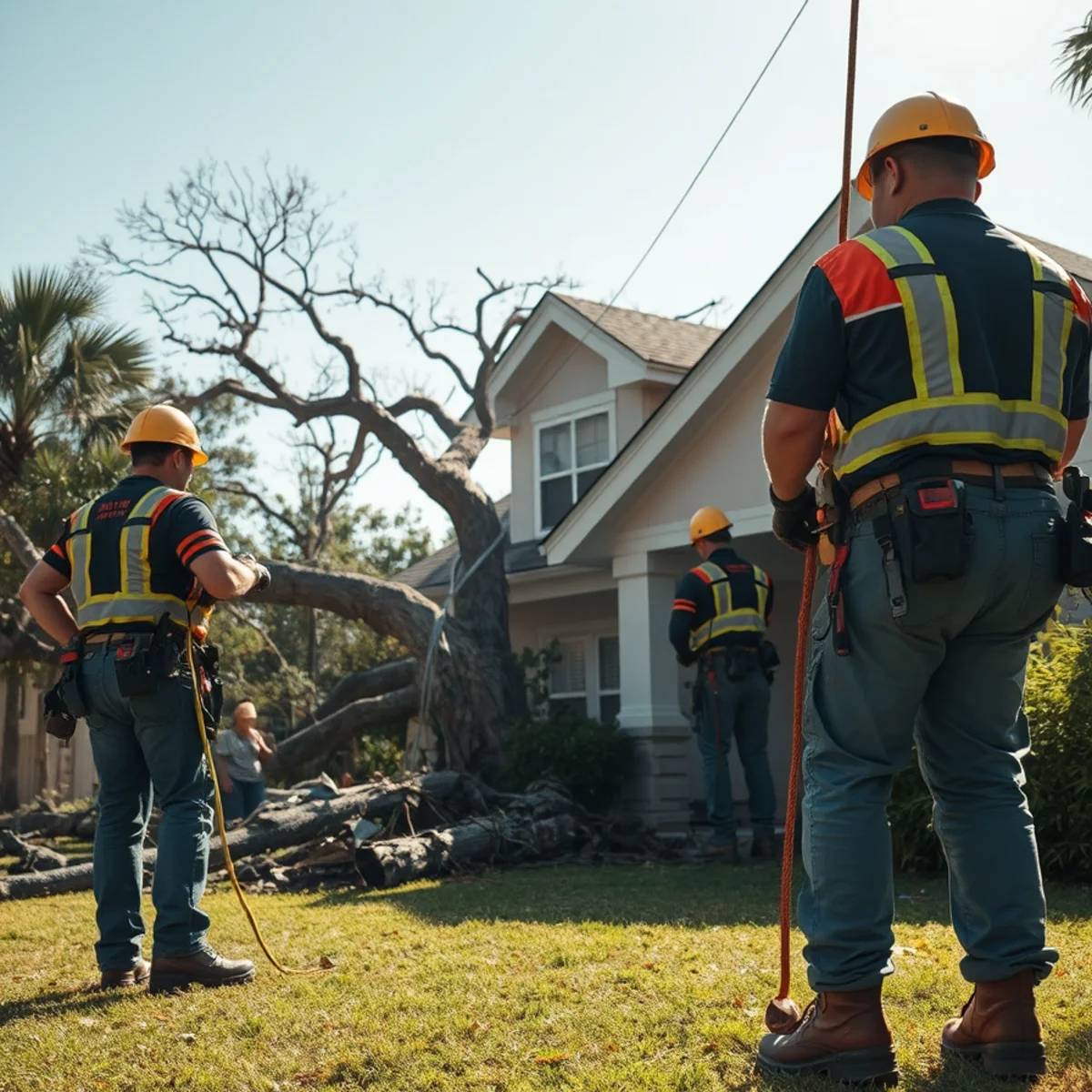 Structural collapse zone assessment around home damaged by hurricane tree