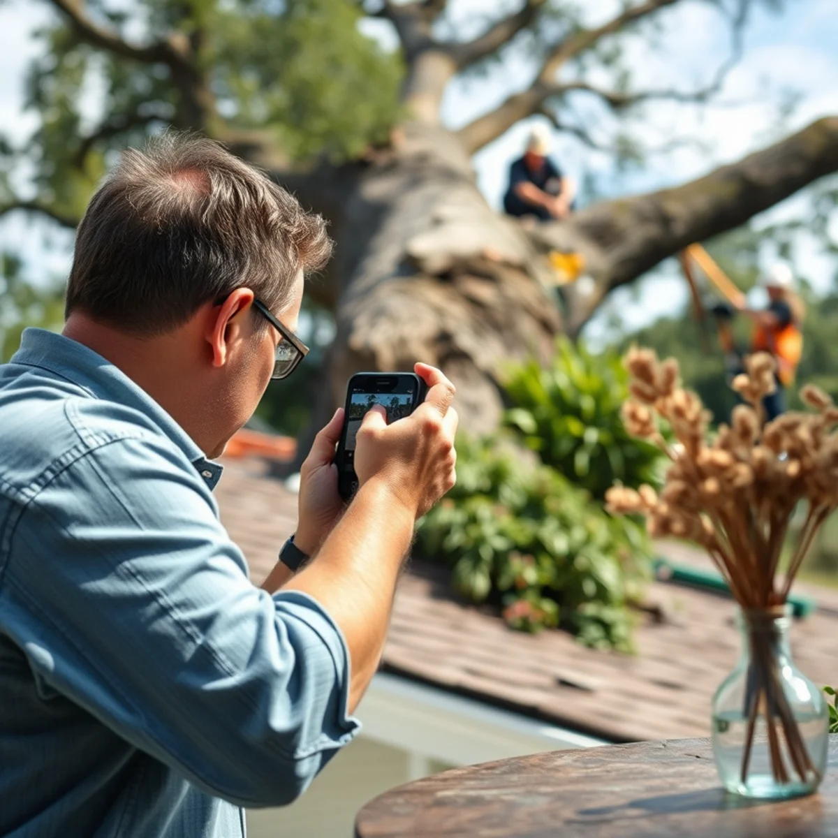 Homeowner taking timestamped photos of fallen tree on roof for insurance claim