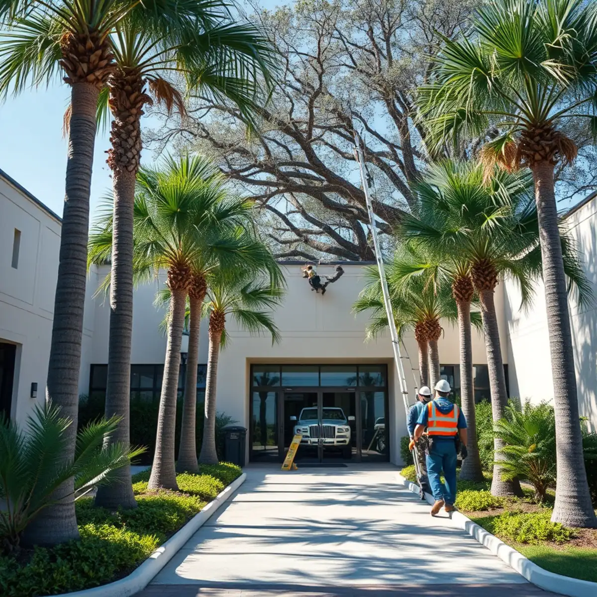 Commercial Grounds Tree Maintenance in action by professional tree climbers in Lehigh Acres