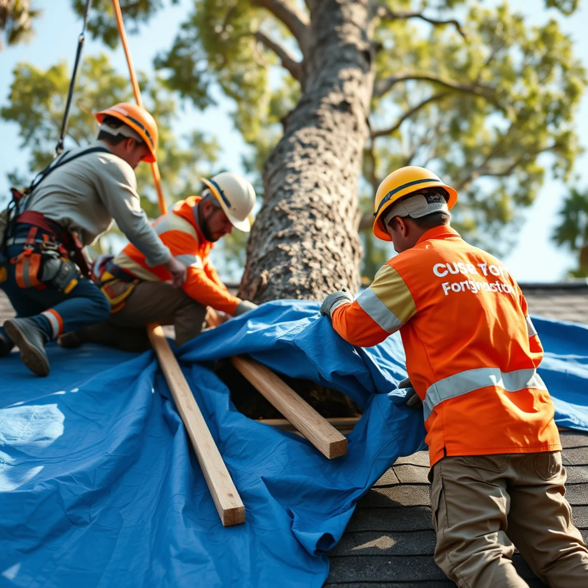 Fallen Tree on House Removal in action by professional tree climbers in Lehigh Acres