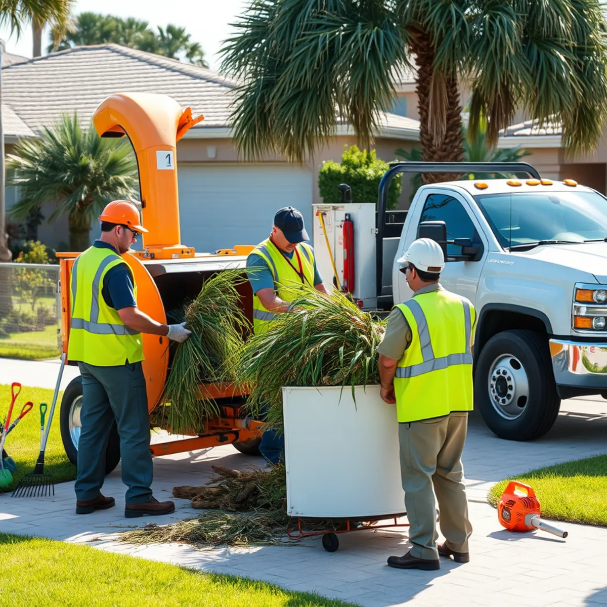 Tree service crew chipping brush and leaving lawn spotless in Lehigh Acres