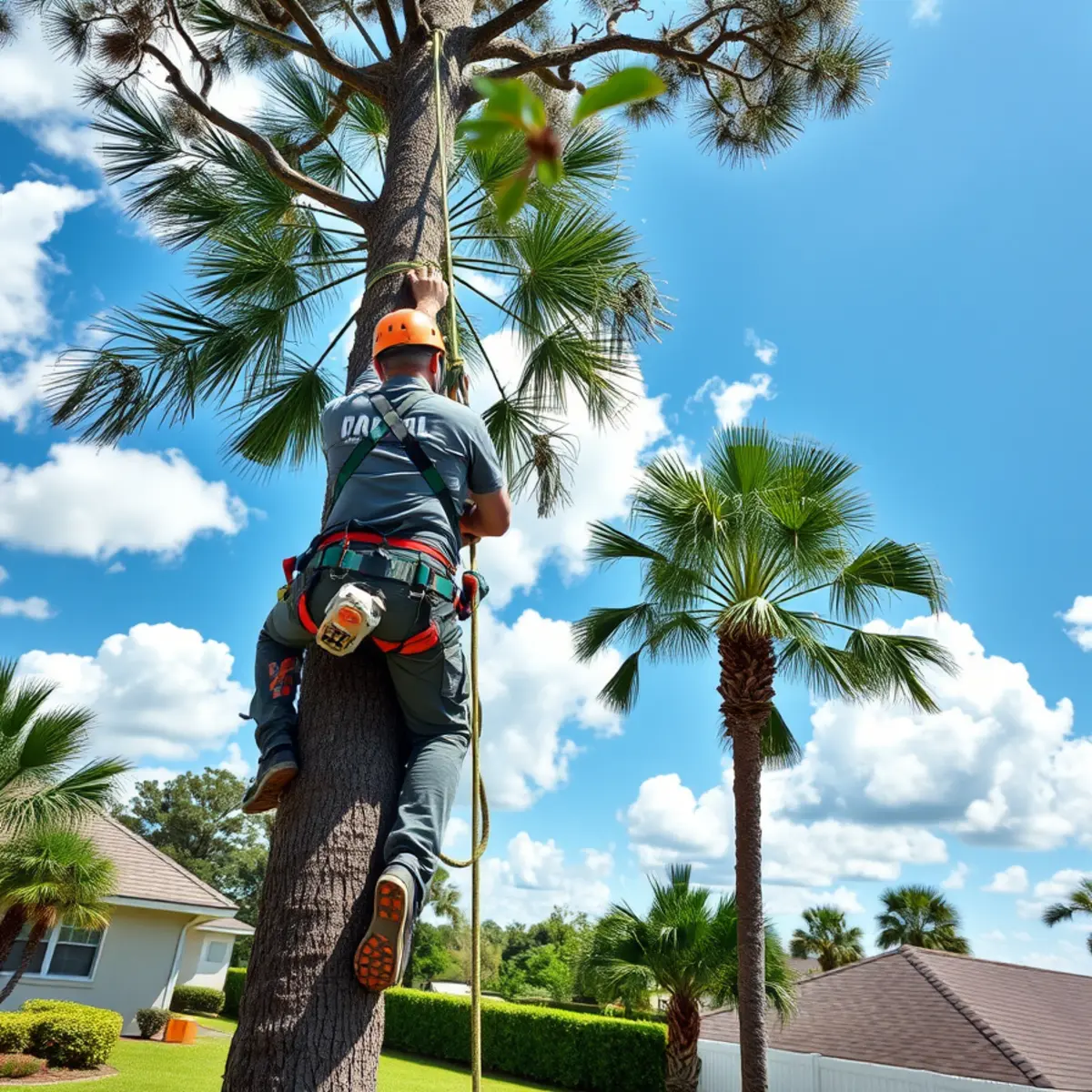 T's Trees and Landscaping professional tree climber rigging slash pine in Lehigh Acres FL