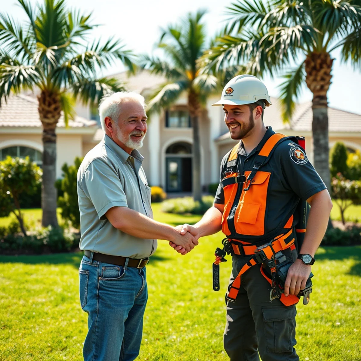 Satisfied Lehigh Acres homeowner with pruned palm trees and clean lawn